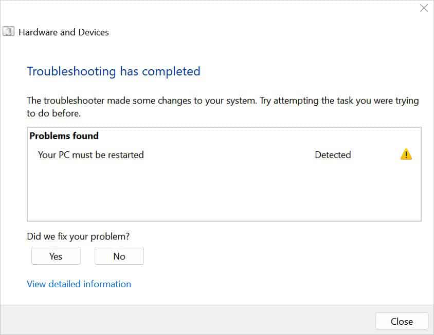 hardware and devices troubleshooter report