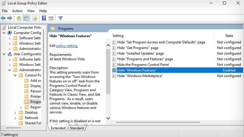 hide windows feature setting