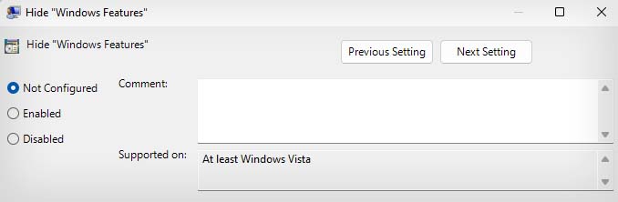 hide windows features not configured