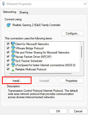 install button in network properties