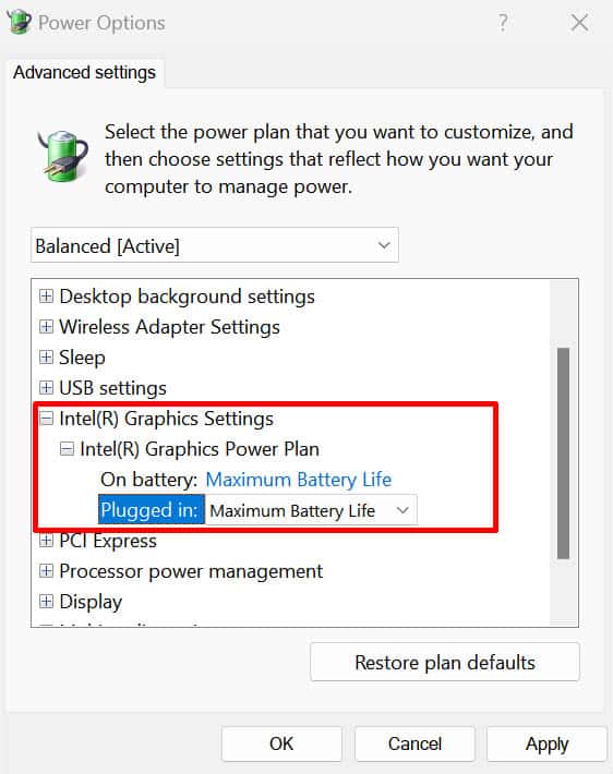 intel graphics settings to maximum battery life