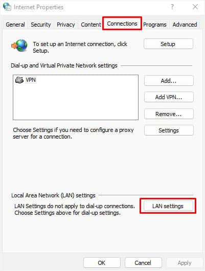 lan settings in connections tab