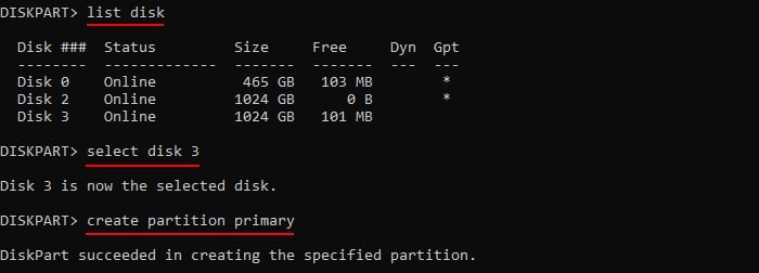 list-disk-create-partition-primary