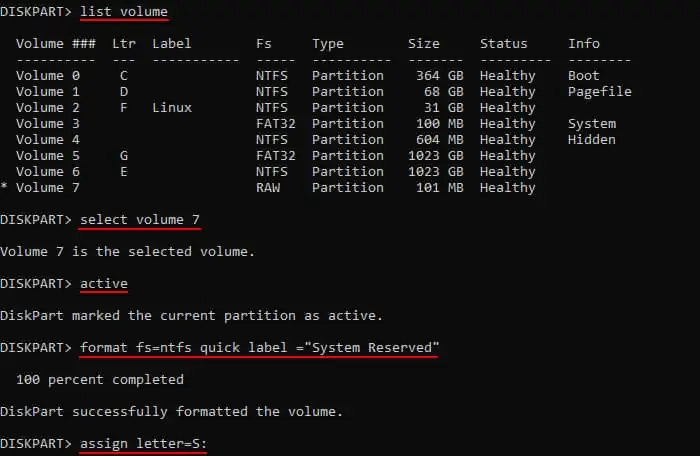 list-volume-active-format-ntfs-assign-letter