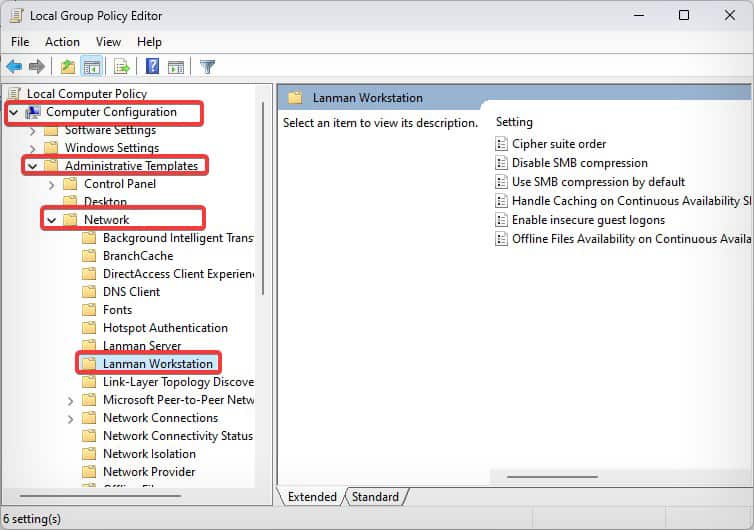 local group policy editor Lanman workstation