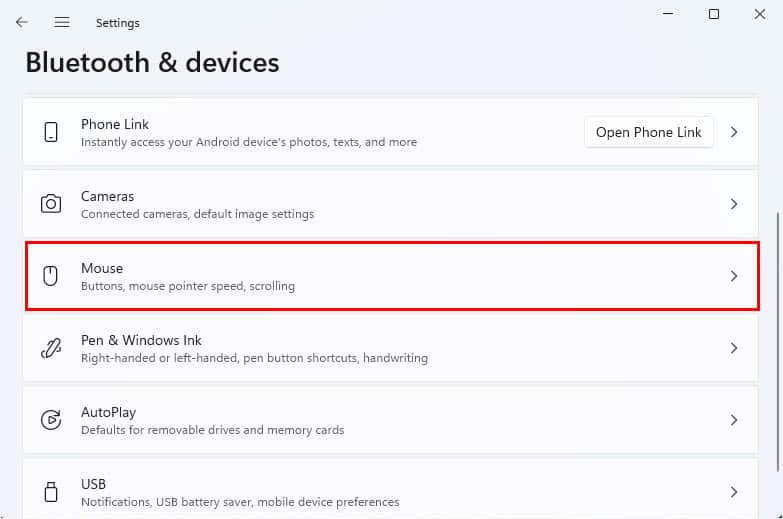 mouse option in bluetooth & devices