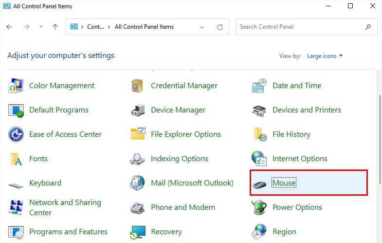 mouse option in control panel