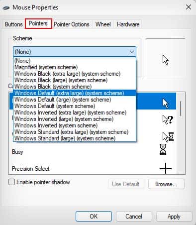mouse properties pointer scheme