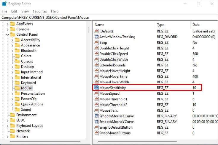 mouse sensitivity in registry editor