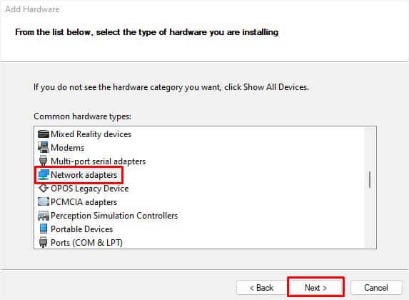 network adapters in add hardware wizard