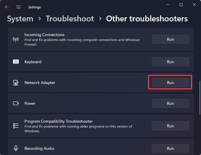 network adatper torubleshooter