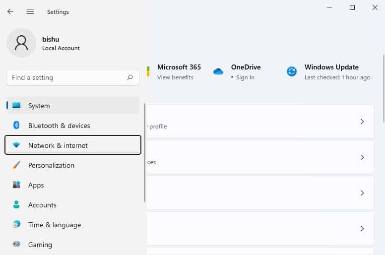 network and internet in settings