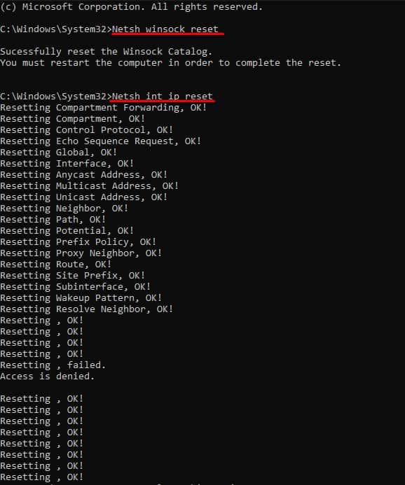 network and ip reset wifi not working