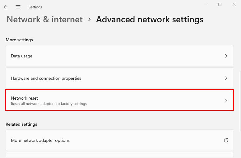network reset in settings