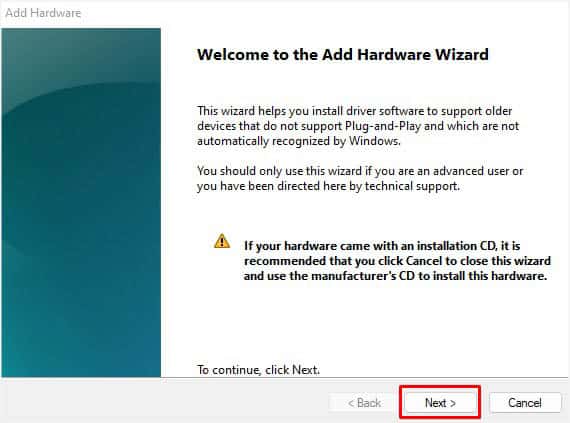 next in add hardware wizard