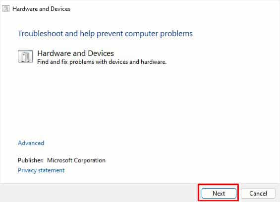 next to run hardware and devices troubleshooter