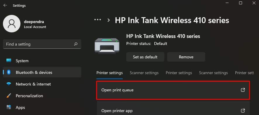 open print queue from settings