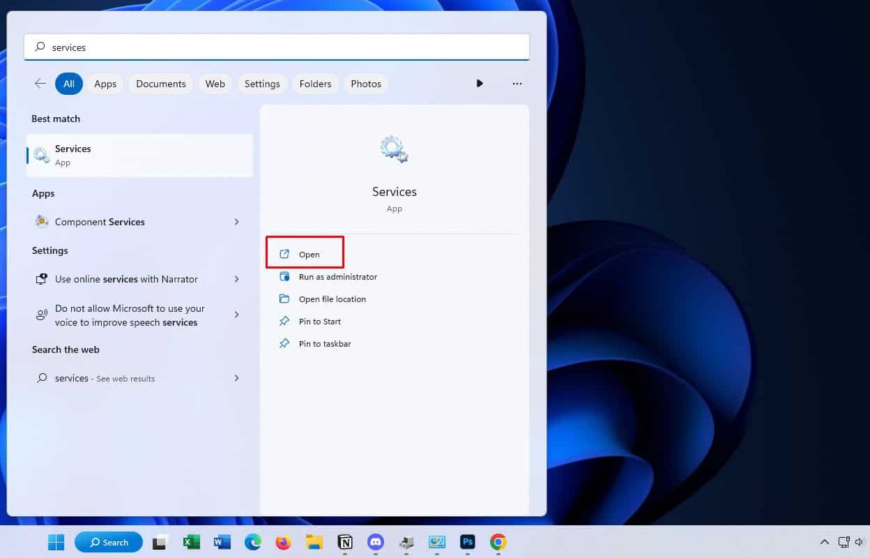 open services from start menu
