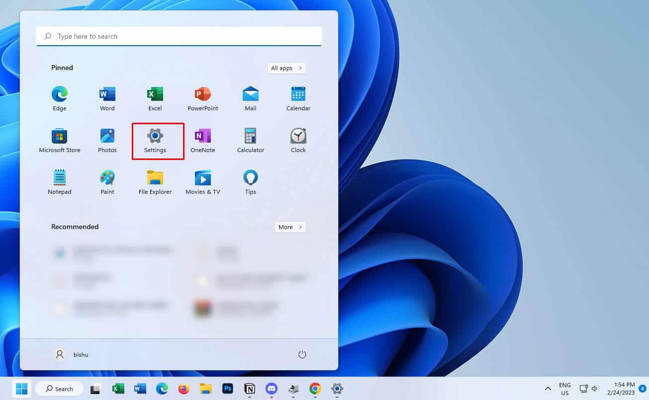 open settings from start menu