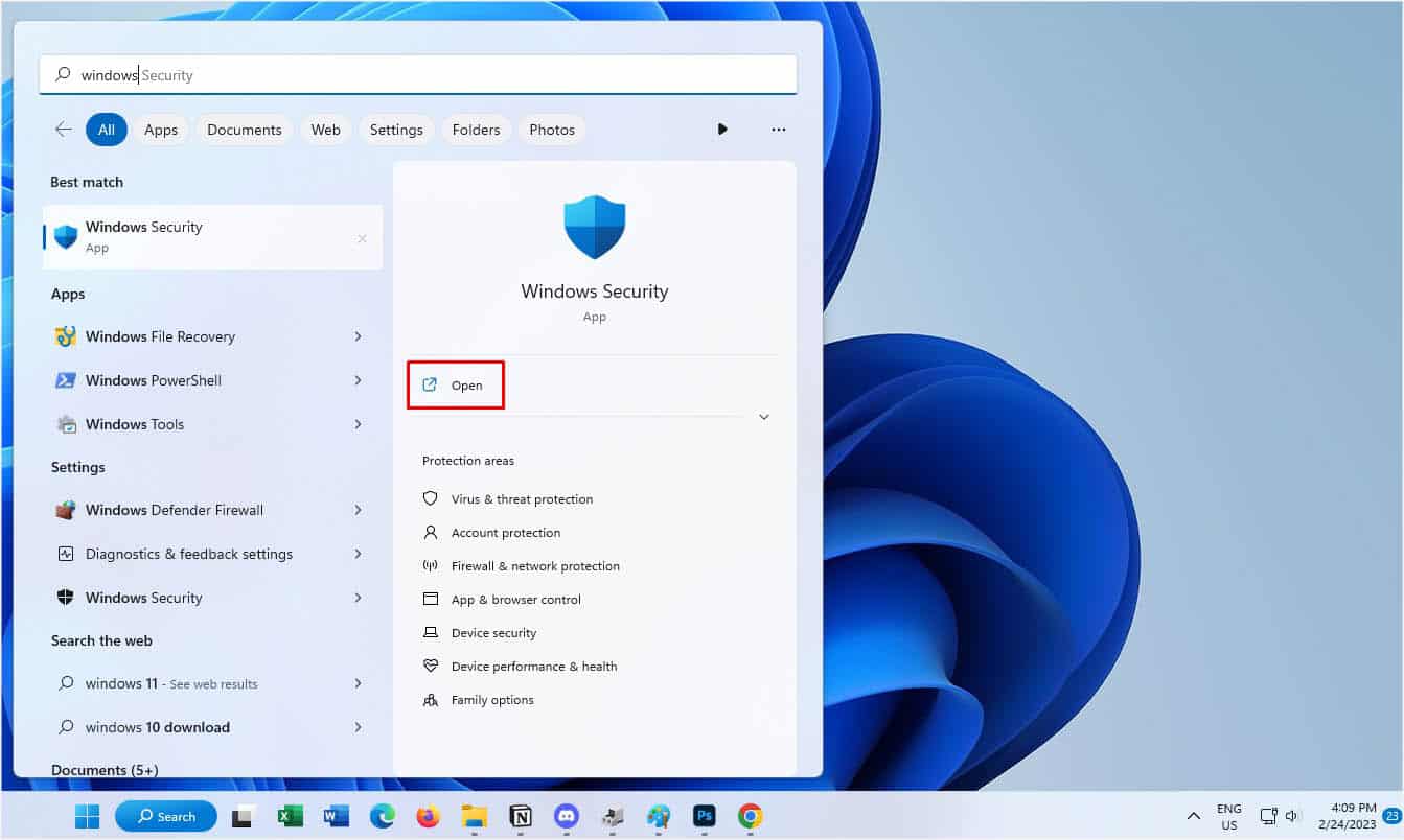 open windows security from start menu