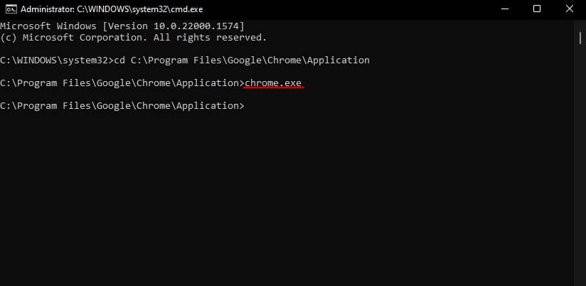 opening chrome exe from cmd
