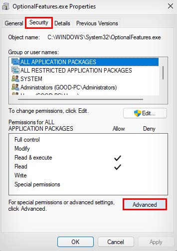 optional features properties security advanced