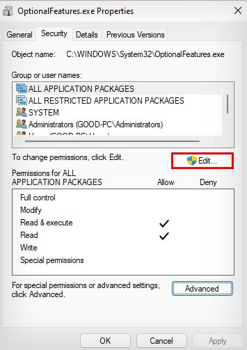 optionalfeatures change permissions