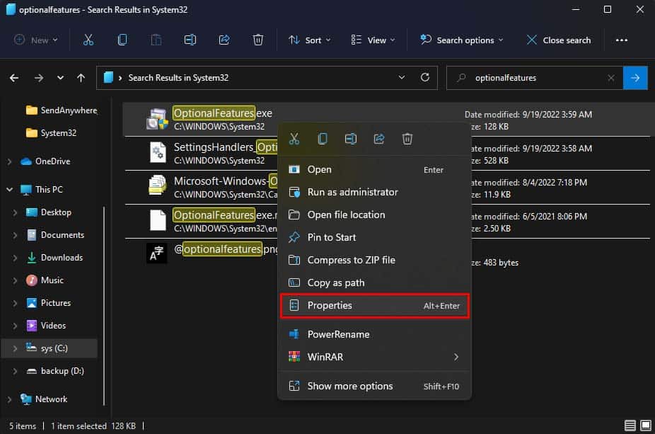 optionalfeatures properties