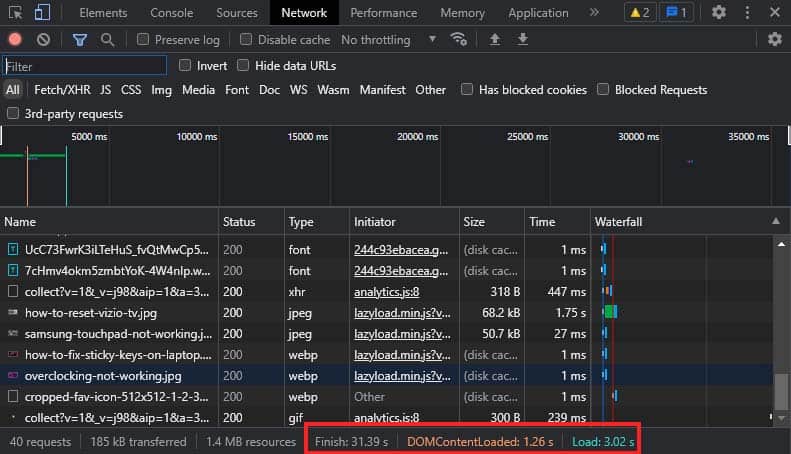 page load speed in chrome dev tools