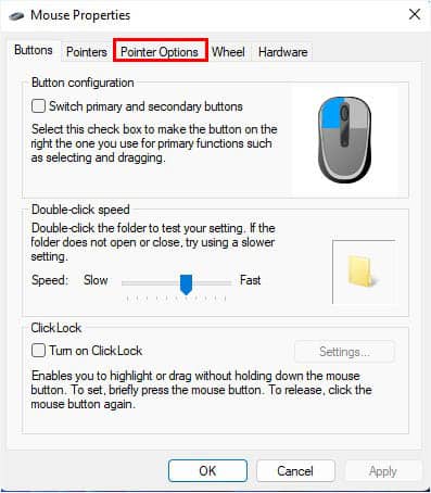 pointer options tab in mouse properties