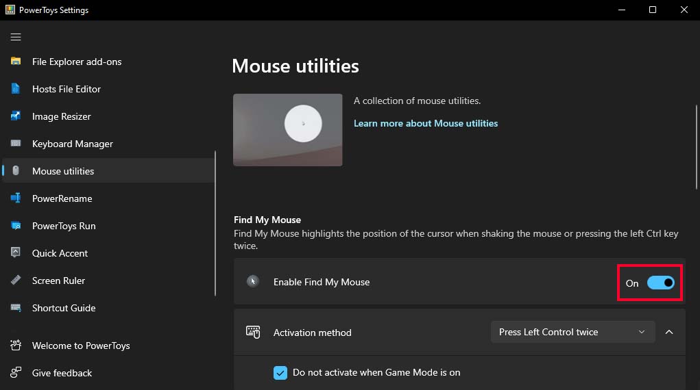 powertoys enable find my mouse