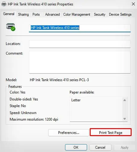 print-test-page-from-control-panel
