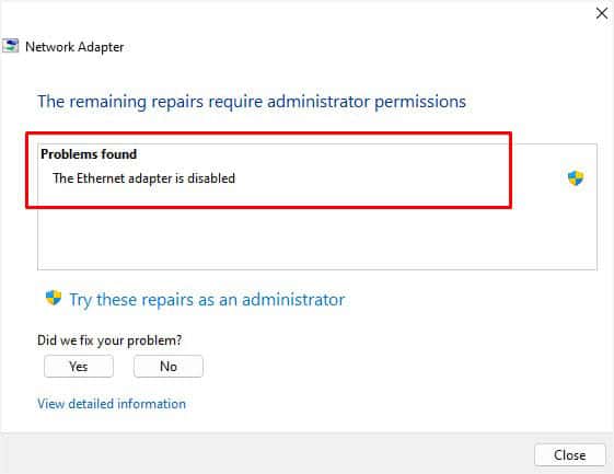 problems found in network adapter troubleshooter