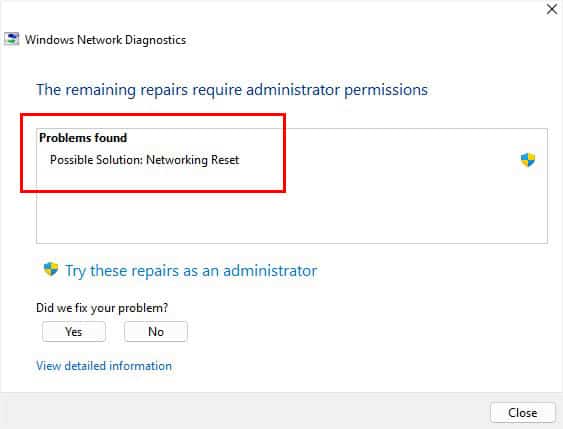 problems found when running windows network diagnostics