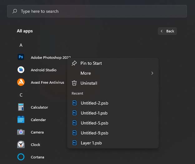 recent files opened by photoshop