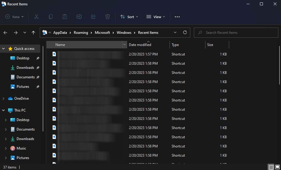 recent items folder