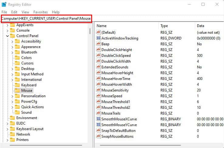 registry editor mouse settings
