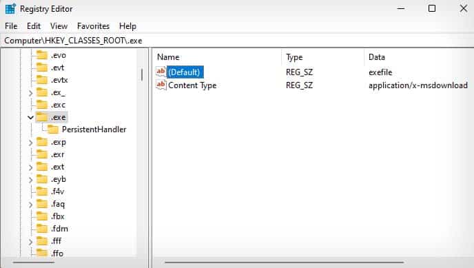 registry exe key default entry
