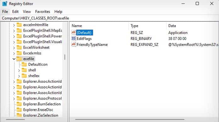 registry exefile key default entry