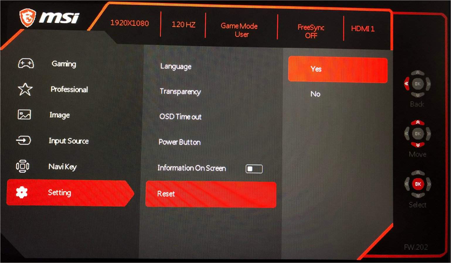 reset monitor setting