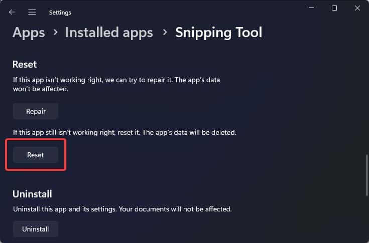 reset snipping tool