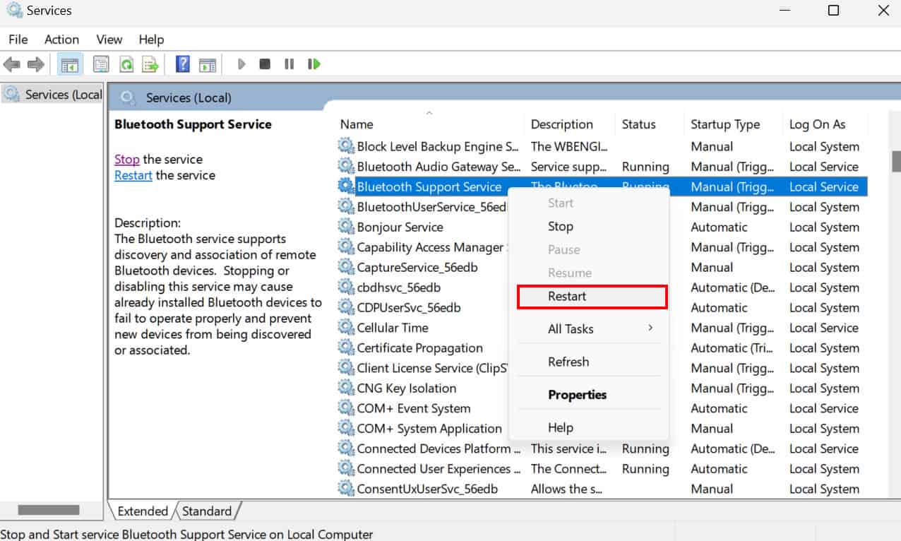 restart bluetooth support service