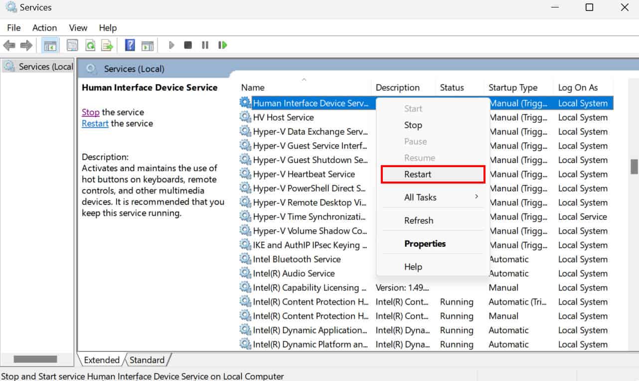 restart human interface device service