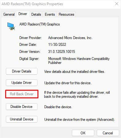 roll back driver button