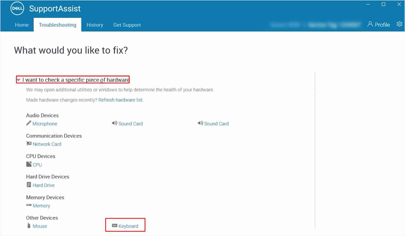 run keyboard diagnostics in supportassist