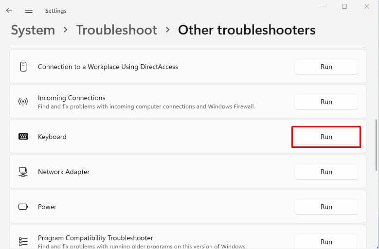 run keyboard troubleshooter