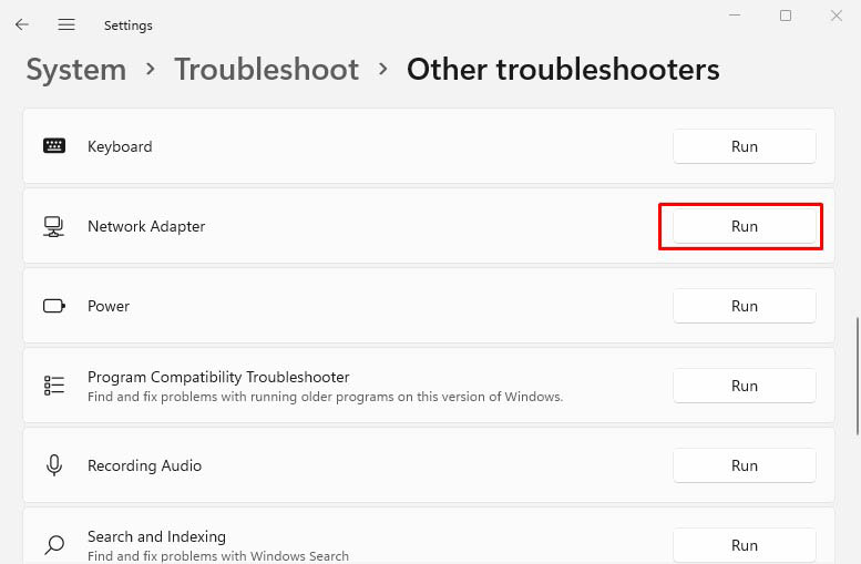 run network adapter troubleshooter