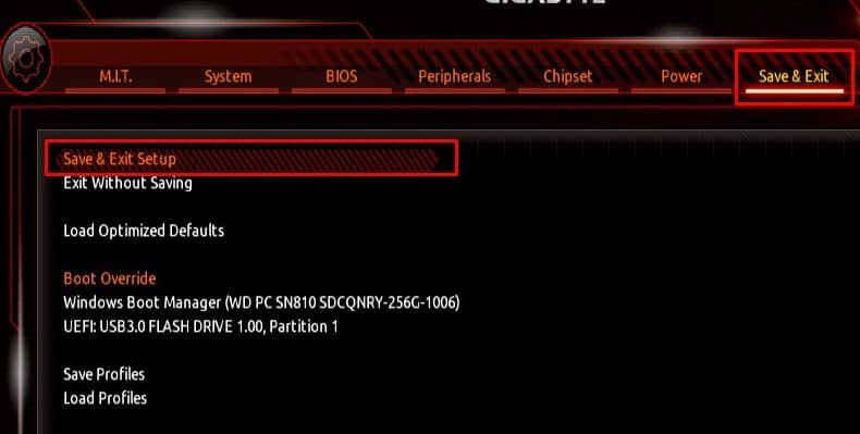 save and exit the bios uefi firmware settings