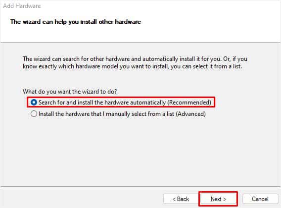 search for and install the hardware automatically