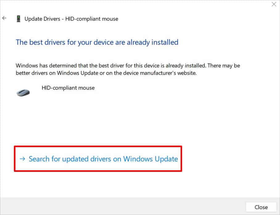 search for mouse drivers on windows update